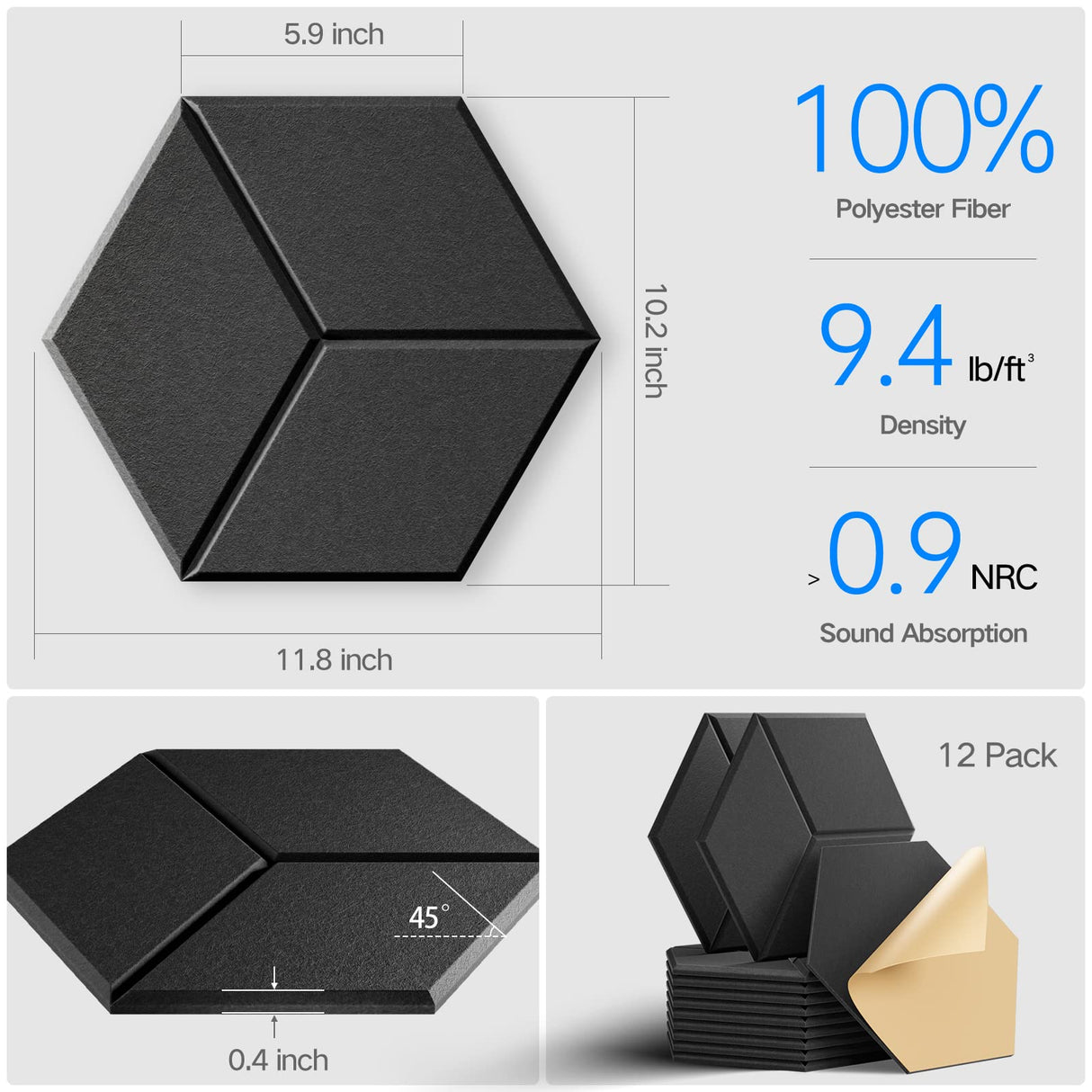 Dailycooper 12 Pack Self-adhesive Acoustic Panels 12" X 10" X 0.4" - Sound Proof Foam Panels for walls with High Density, Y-Lined Design, Flame Resistant, Absorb Noise and Eliminate Echoes(Black) Dailycooper