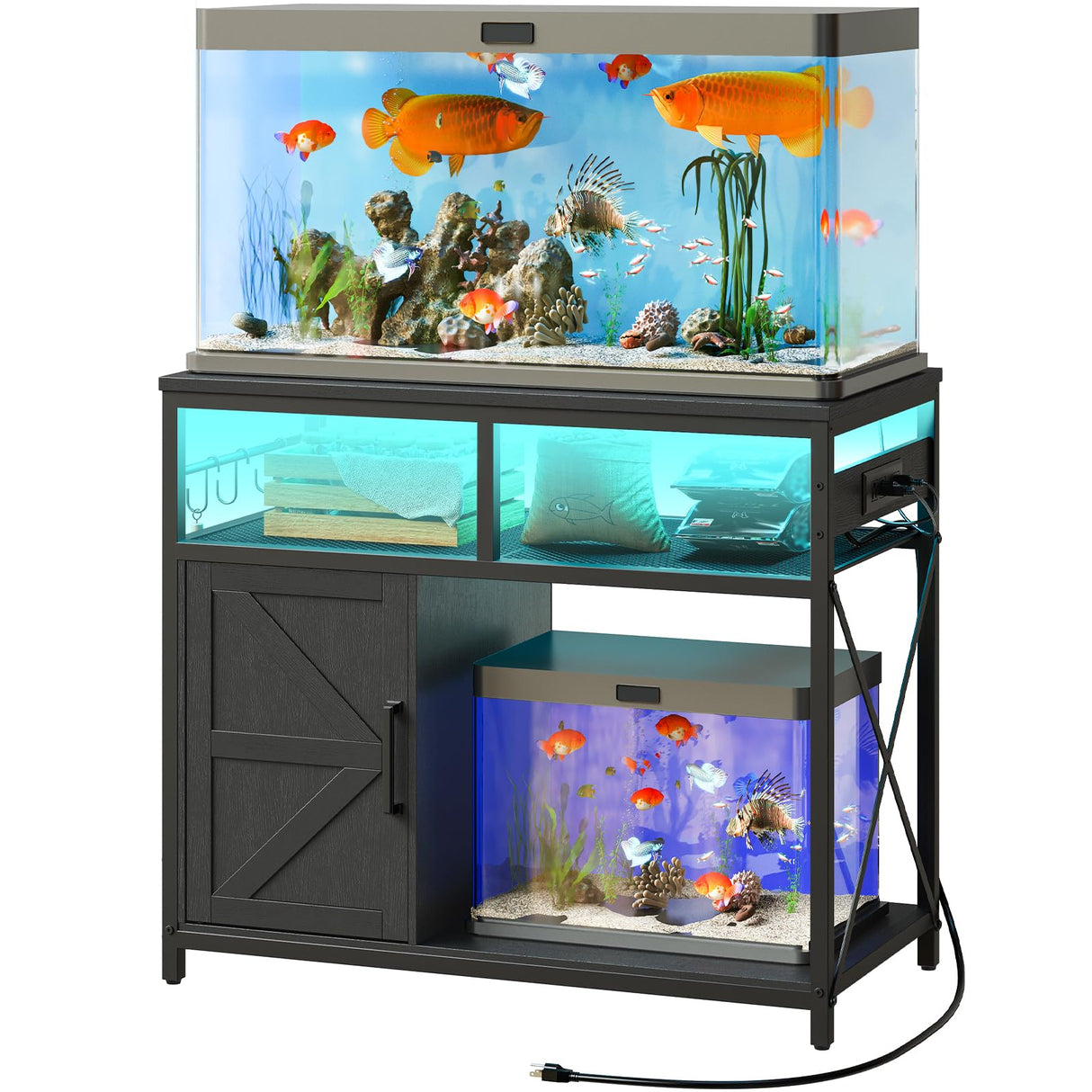 HOOBRO 40-50 Gallon Fish Tank Stand with Power Outlet and LED Light, Metal Frame Aquarium Stand with Cabinet Storage, for Reptile Turtle Tank, 440 LBS Capacity, 36.6'' L x 18.9'' W, Black BB93UDFT01 HOOBRO