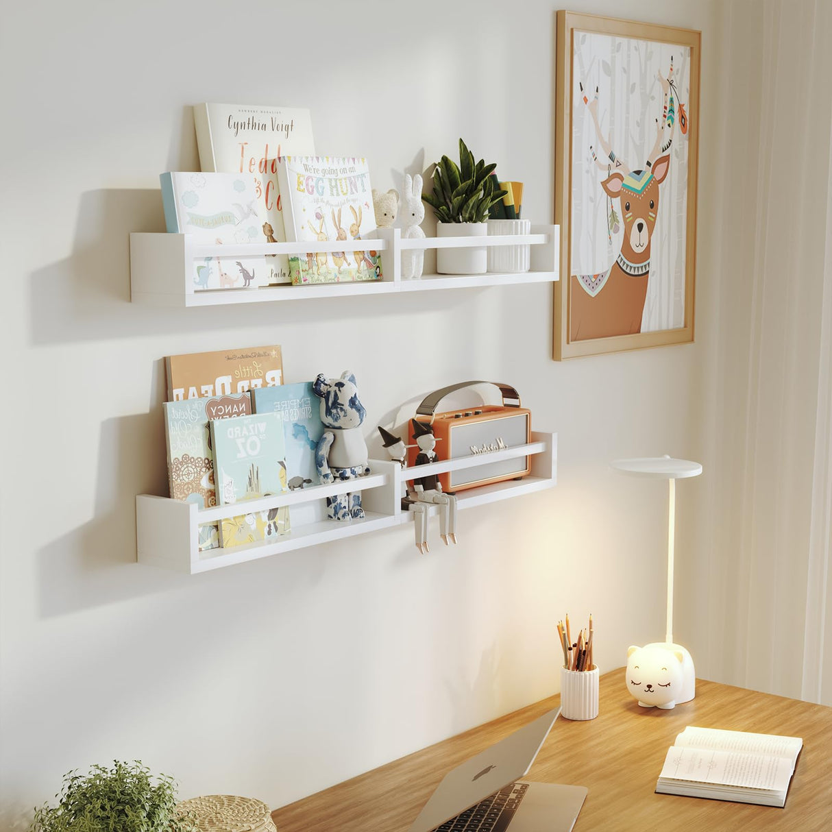 White Nursery Bookshelves,32Inch, Floating Nursery Shelves - Set of 3 - Book Shelf Organizer for Baby Nursery Room Decor, Wall Shelves for Kitchen Spice Rack, Pine Napeollor