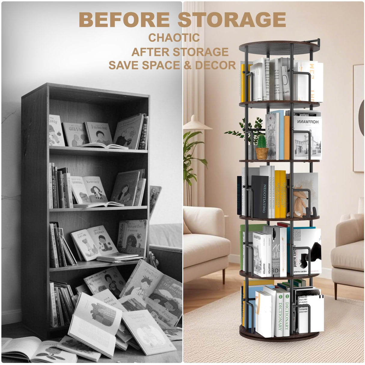 Amzeth Solid Wood Rotating Bookshelf, 5 Tiers, 360 Degree Rotating Bookshelf Tower, Round Floor Standing Rotating Bookcase with Anti-Tipping Design for Small Spaces, Corners, Bedrooms, Etc- Brown Amzeth