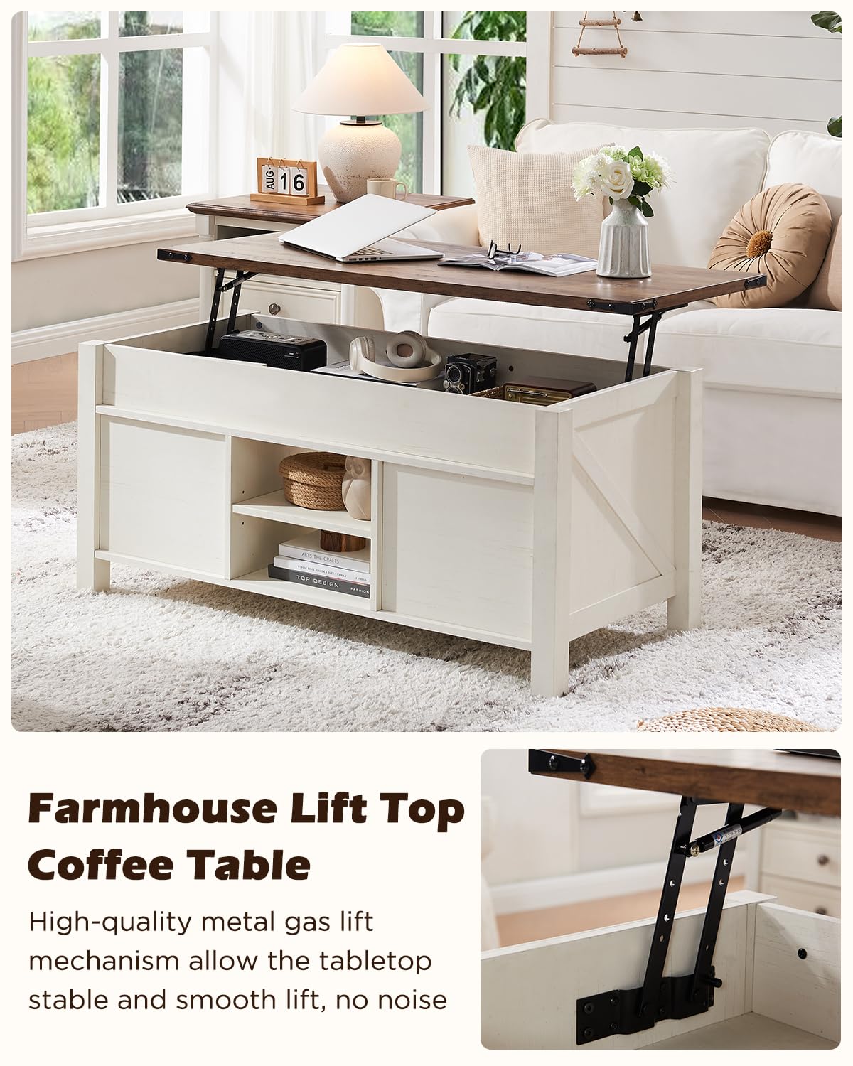 OKD 48" Farmhouse Lift Top Coffee Table with Sliding Barn Door,Rustic Center Table with Hidden Storage Compartment,Lifting Tabletop and Adjustable Shelf for Living Room,Office,Antique White OKD