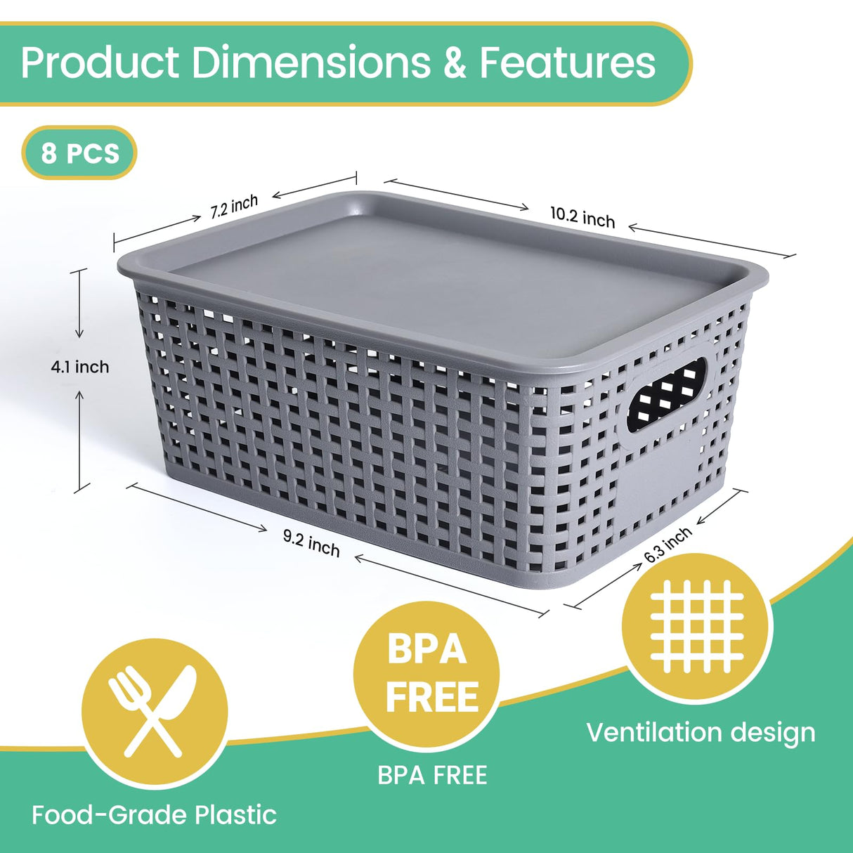 Plastic Storage Baskets with Lid-Plastic Storage Containers Stackable Storage bins: Storage Baskets for Organizing Shelves Drawers Desktop Closet Playroom Classroom Office, 8Pack-Gray,10.2x7.2x4.1Inch Ohmlove