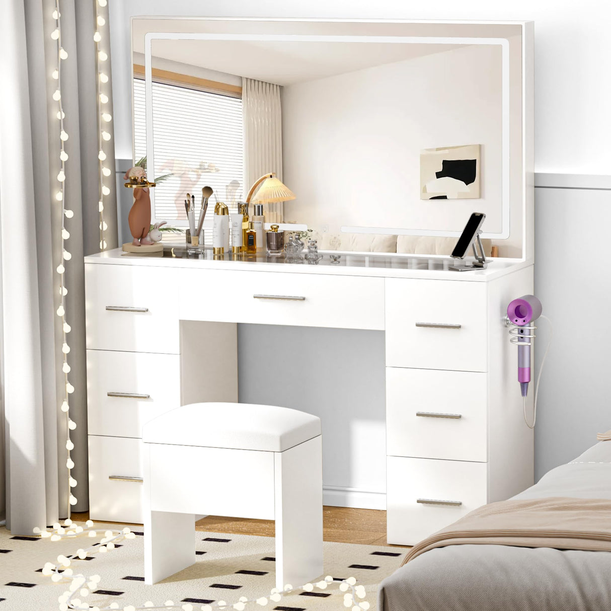 VALONDINO Makeup Vanity Desk with Power Outlet, 46'' Glass Top Vanity Set, 7 Drawers Vanity Table with Cushioned Stool, 3 Lighting Modes Brightness Adjustable,White VALONDINO