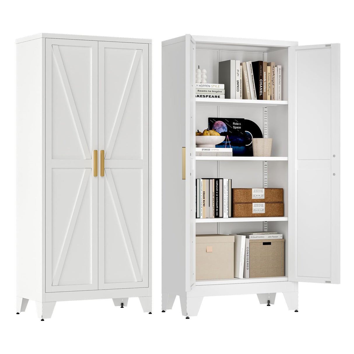 61" Tall Farmhouse Metal Pantry Cabinet, Kitchen Pantry Storage Cabinets with 2 Barn Door and Adjustable Shelves,Metal Pantry Storage Cabinet,for Kitchen,Laundry Room,Home Office,Kids Room (White) Washsemba