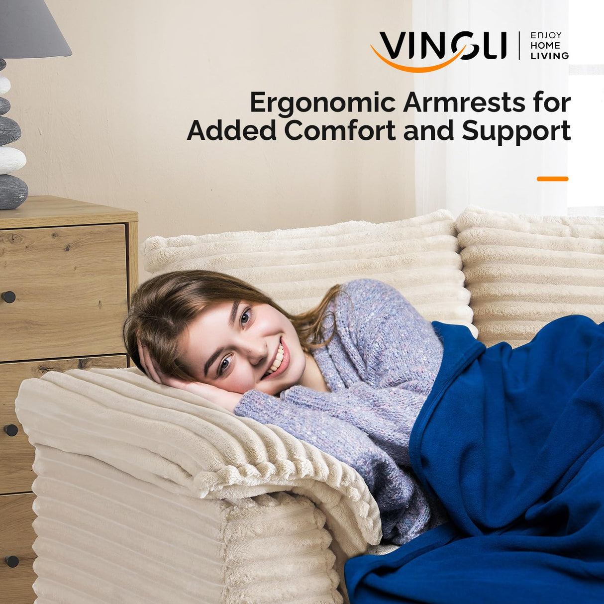 VINGLI 56" Oversized Chaise Lounge Chair, Beige Comfy Corduroy Chaise Sofa Recliner Bed Upholstered Sleeper Couch Bed with Throw Pillows and Armrests for Living Room, Movie Room, Bedroom VINGLI