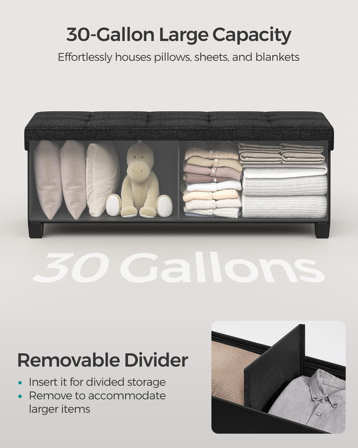 SONGMICS Storage Ottoman Bench, Foldable Foot Rest with Legs, 15 x 43 x 15.7 Inches, End of Bed Bench, Storage Chest, Load up to 660 lb, for Living Room, Bedroom, Entryway, Ink Black ULSF018B01 SONGMICS