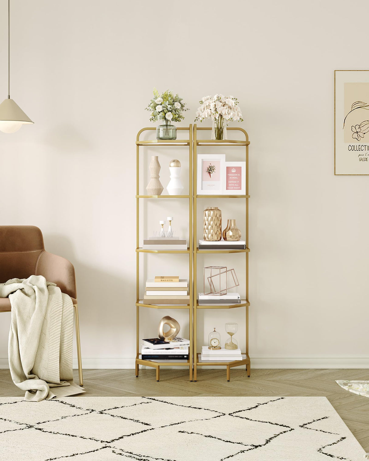 Hzuaneri Corner Shelf Stand, Glass Bookshelf Bookcase, Bathroom Organizer, Plant Stand, Steel Frame, Tempered Glass, Modern Style for Living Room, Bathroom, Kitchen, 5-Tier Golden CS90200G Hzuaneri