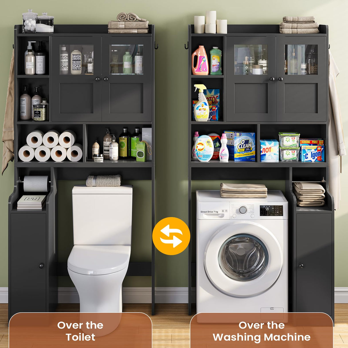 Itaar Over The Toilet Storage Cabinet, Over Toilet Bathroom Organizer with Glass Doors & Toilet Paper Holder Stand, Home Space-Saving Toilet Rack, for Bathroom, Restroom, Laundry(Black) Itaar