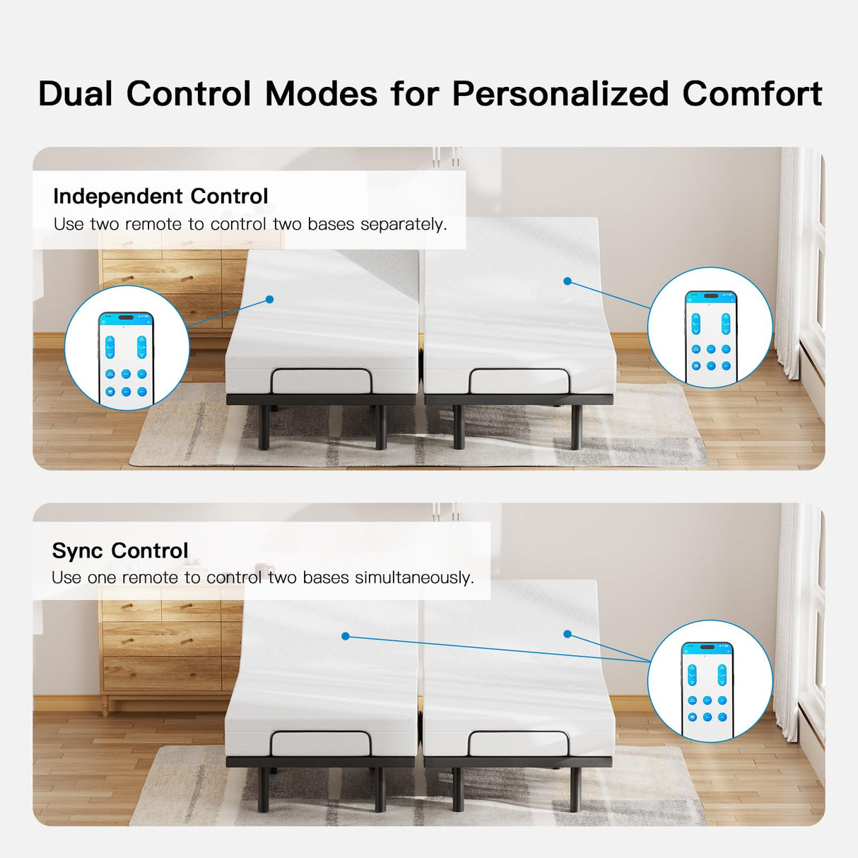 Pipishell Split King Adjustable Bed Frame with Massage, Electric Bed Base with App-Controlled, Head & Foot Incline, 4 USB Ports, LED Under-Bed Lighting, 4 Leg Height Options Pipishell