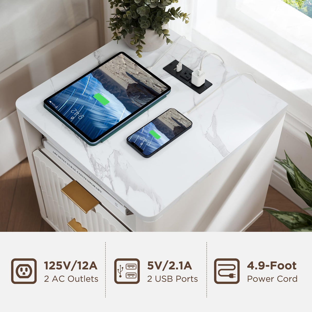 T4TREAM Fluted Nightstand with Charging Station, 18" Modern Side Table with Faux Marble Top, 2 Drawers End Table w/Storage, Bedside Table for Bedroom, Living Room, Curved Profile Design, Solid White T4TREAM