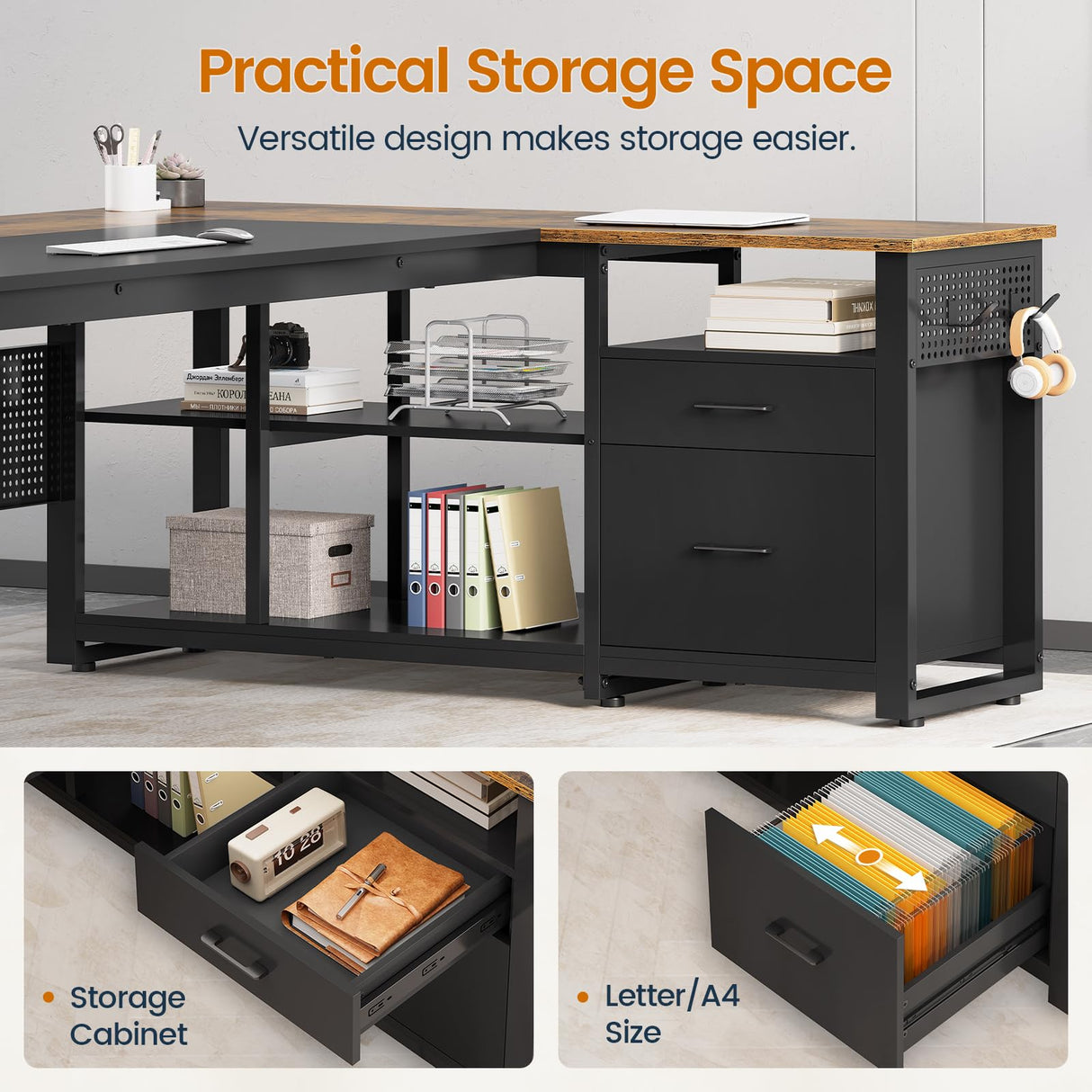 UPOSOJA 71 in Executive Desk with Power Outlets, Reversible L Shaped Desk with File Drawers & Storage Shelves, Large Office Desk Computer Desk with Pegboard, Mobile CPU Stand, Modern Corner Desk UPOSOJA