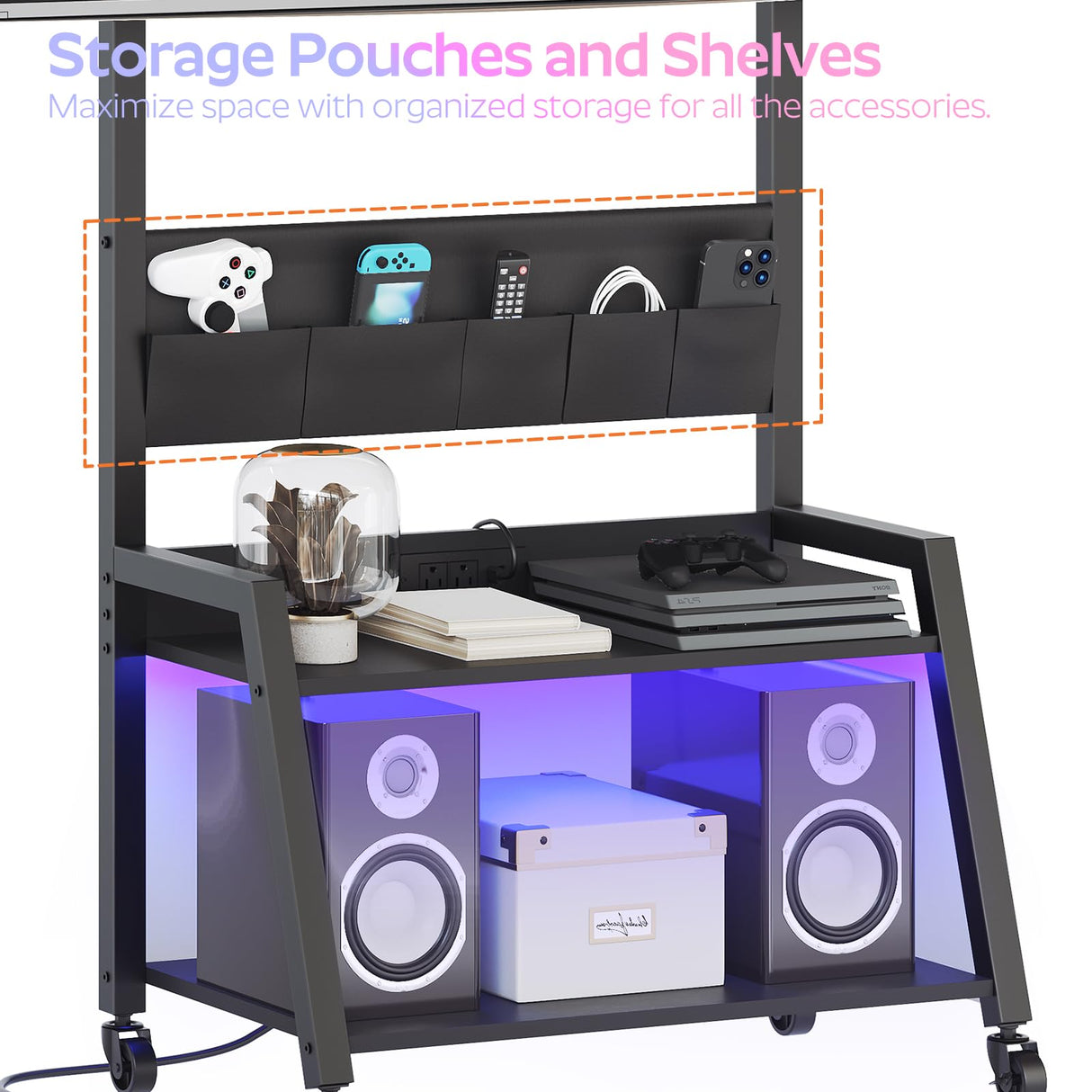 YATINEY Rolling TV Stand with Power Outlet, Mobile TV Stand with LED Light Up to 55" TVs, TV Cart with Mount, 5 Oxford Fabric Pouches, for Living Room, Meeting Room, Black DS01UDBB YATINEY