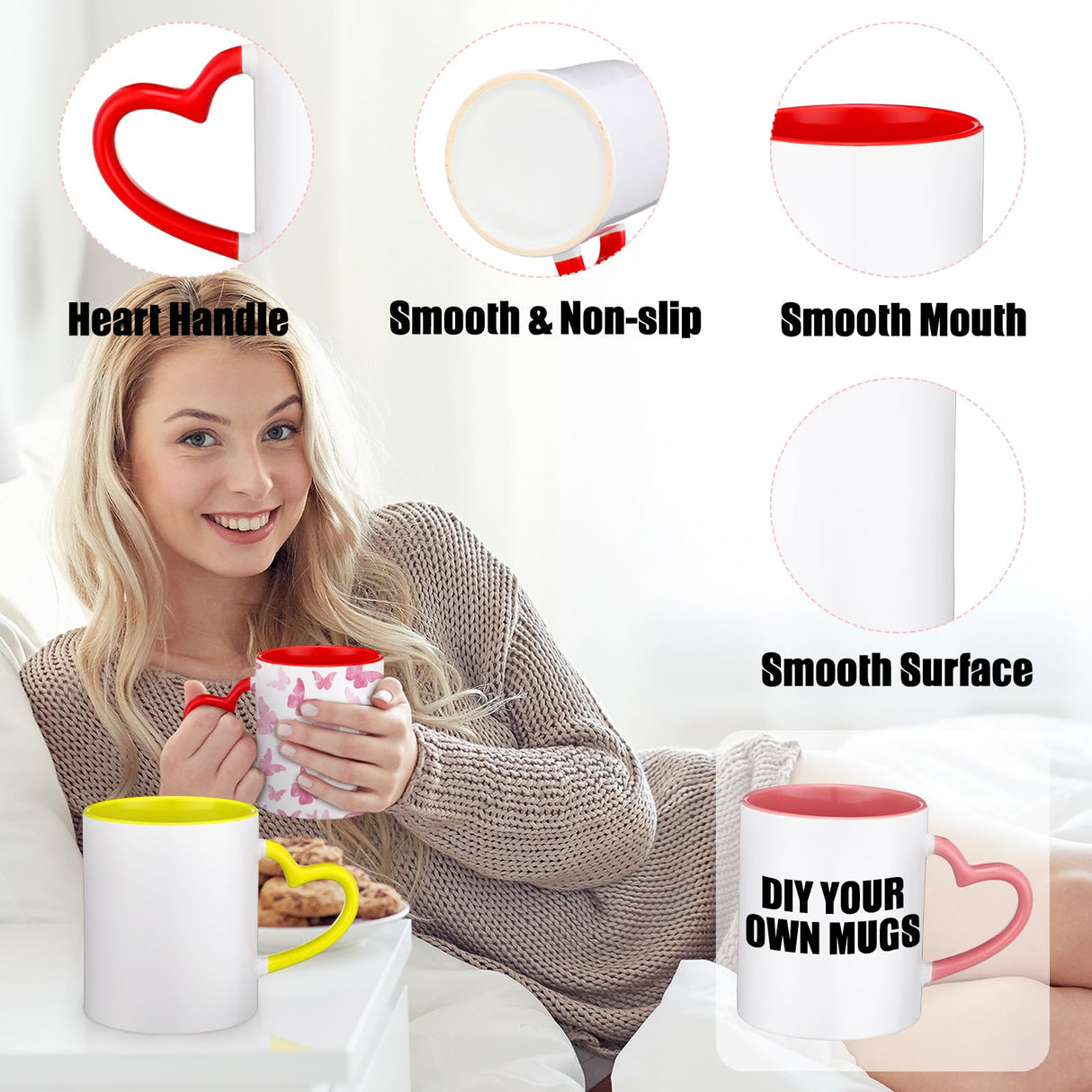 Mifoci 6 Pack Sublimation Mugs for Christmas Bulk, 11 oz Blanks Sublimation Coffee Mugs with Heart Handle White Ceramic Coffee Cup for Christmas Thanksgivng Employees Gifts(Multicolor) Mifoci