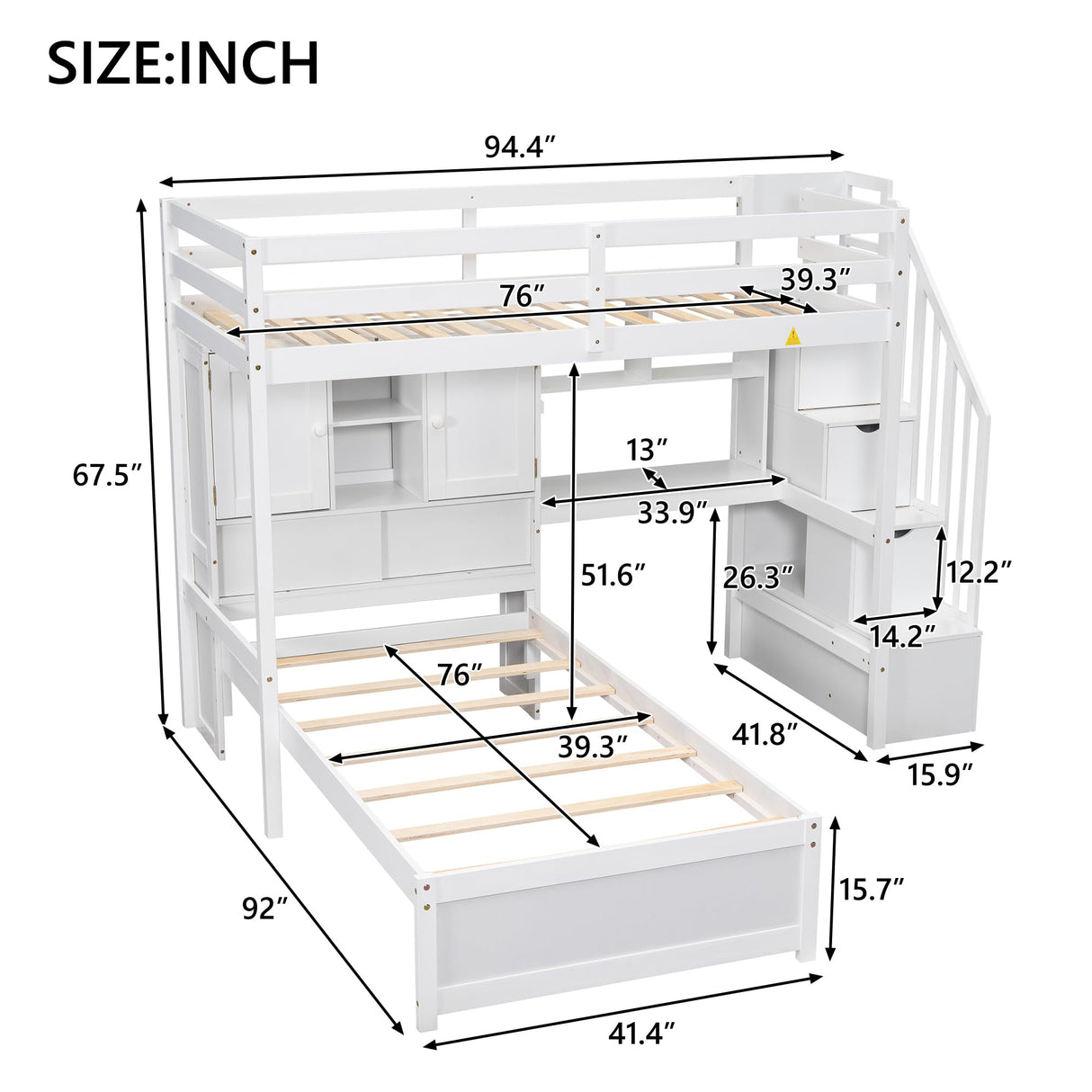 HRJHLucky Twin Over Twin Loft Bed with Built-in Desk and Staircase, White Pine Wood+MDF Bunk Bed with Storage Compartments and Shelves for Children, Teens, Adults HRJHLucky