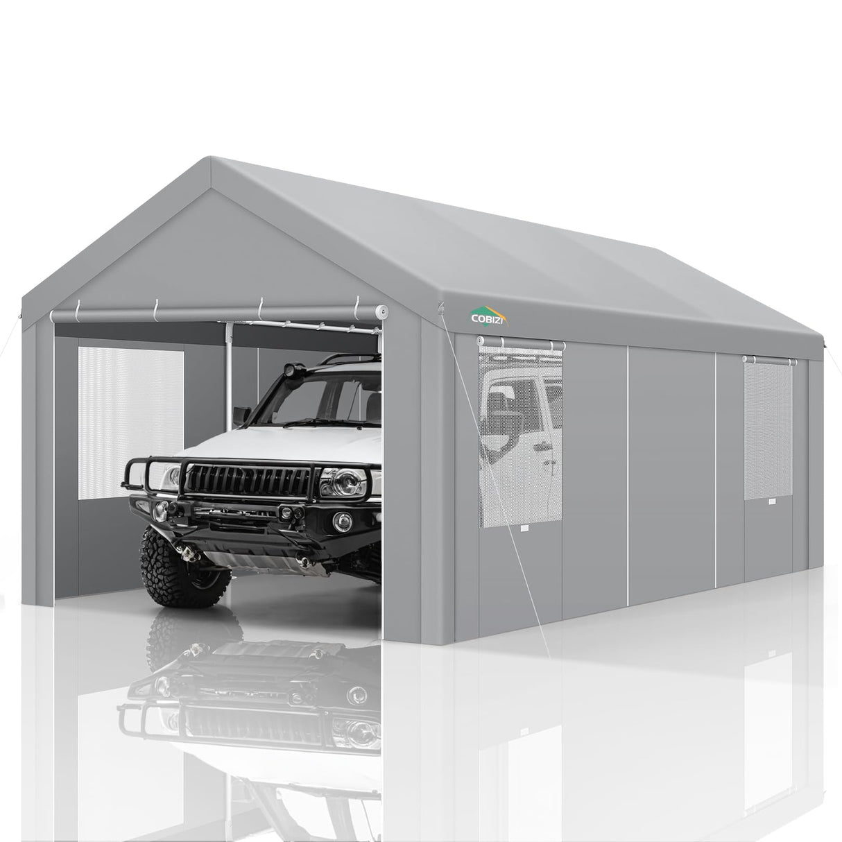 COBIZI Carport Canopy 12x20 Heavy Duty Portable Garage with Roll-Up Ventilation Windows & Doors, Removable Sidewalls Car Canopy Car Tent Waterproof with Built-in Sandbags for Cars, Boats, Trucks, Gray COBIZI
