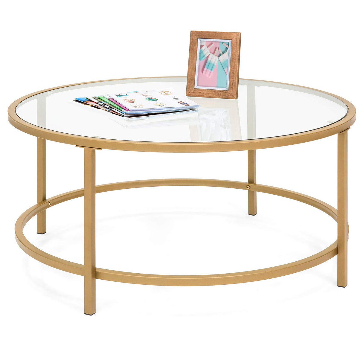 Best Choice Products 36in Modern Round Tempered Glass Accent Side Coffee Table for Living Room, Dining Room, Tea, Home Décor w/Satin Trim, Metal Frame, Non-Marring Foot Caps - Bronze Gold Best Choice Products