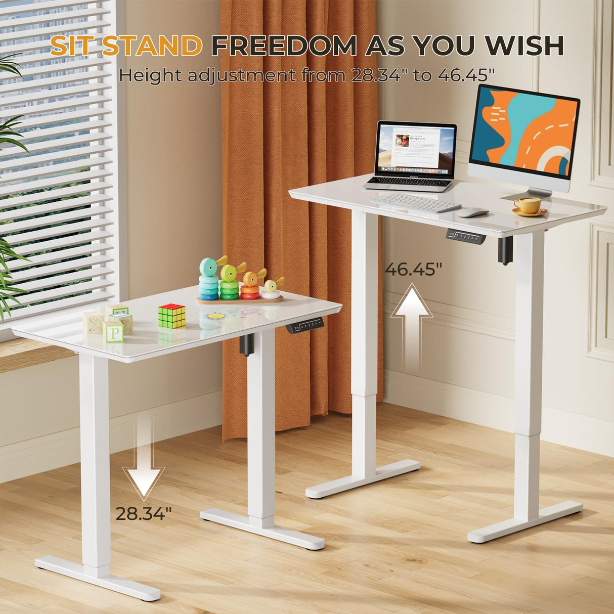 JOY worker Small Glass Standing Desk, 35" x 20" Electric Whole Piece Height Adjustable Desk with 4 Lockable Casters, Mobile White Sit to Stand Desk Workstation for Home Office JOY worker