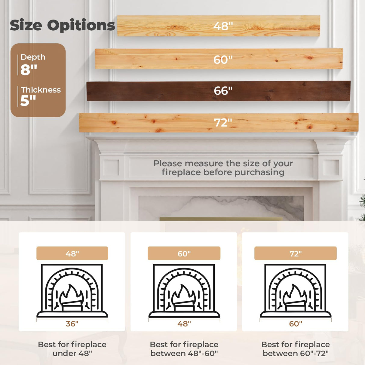TECANA Fireplace Mantel 72 Inches - Rustic Floating Mantel Shelf - Solid Wood Mantel with Invisible Support Bracket - Wall Mantel Shelf for Farmhouse (72" L x 8" D x 5" H, Natural) TECANA