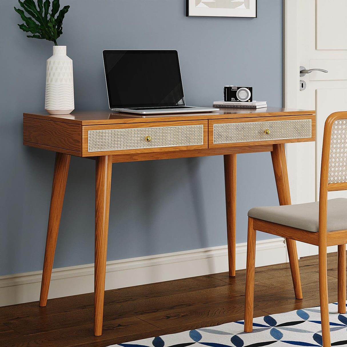 Longcoam Design Mid-Century Modern Solid Wood Desk with Drawers – 45 inch Small Boho Rattan Writing Desk for Home Office, Minimalist Design Natural Wood Table for Workspace Elegance Longcoam Design