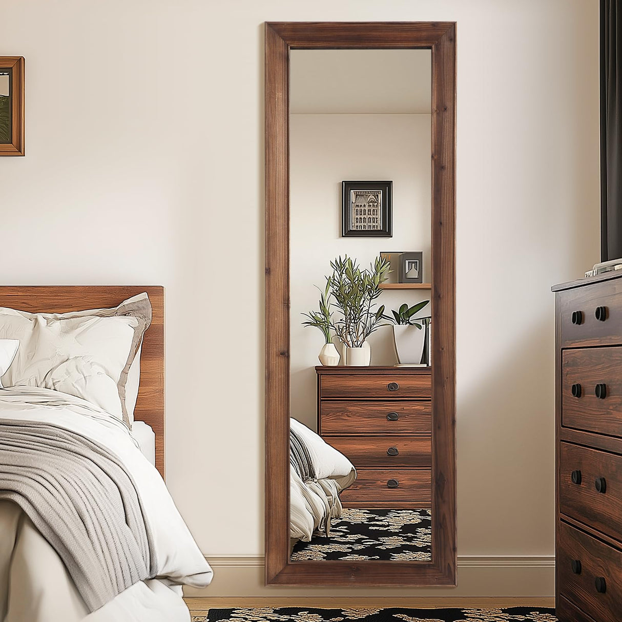 Rustic Farmhouse Full Length Mirror 64"X21" Wood Frame Floor Mirror with Stand, Free Standing Mirror Leaning or Hanging Full Body Mirror Tempered Glass Long Mirror for Bedroom Living Room, Brown MirrMuse