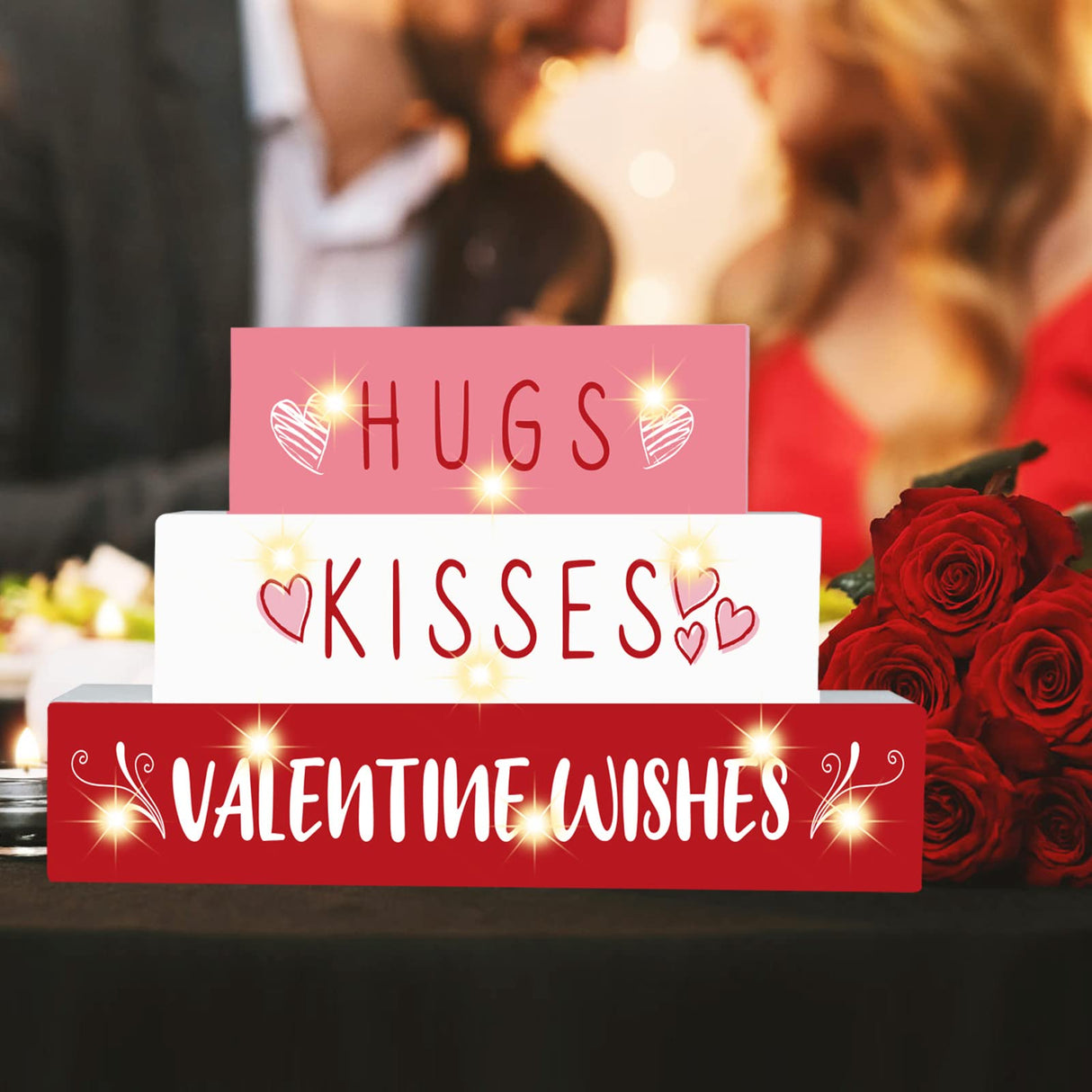 Valentines Day Decor,11 LED Valentine Wood Block Sign, Valentine Wishes Rustic Letters, Farmhouse Home Table Centerpiece Decor,Valentine's Day decor Tiered Tray, Tables, Mantel Decor,Valentine Gift CRCZK