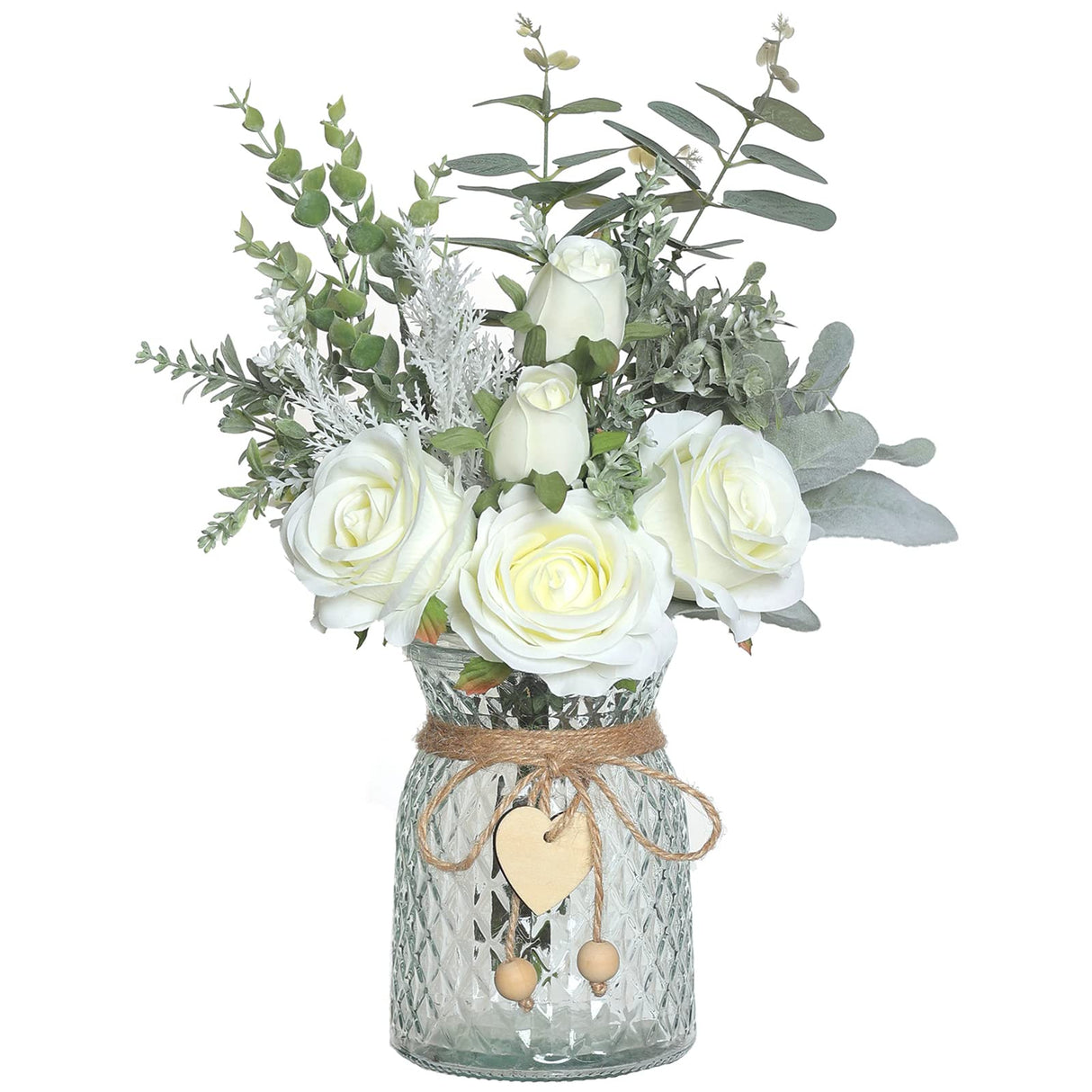Faux Flowers with Vase,Artificial Silk Roses in Vase, Fake Plant Eucalyptus Flower Arrangement for Home Office Farmhouse Bathroom Dining Table Centerpiece Decorations Coffee Table Decor (White) VIERENA