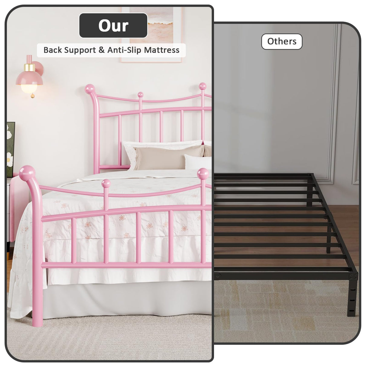 HOMBCK Full Size Metal Bed Frame with Headboard, Pink Bed Frame with Crown Headboard and Footboard, Wrought Iron Art, Under Bed Storage, Mattress Anti-Slip, No Box Spring Needed, Easy Assembly, Pink HOMBCK
