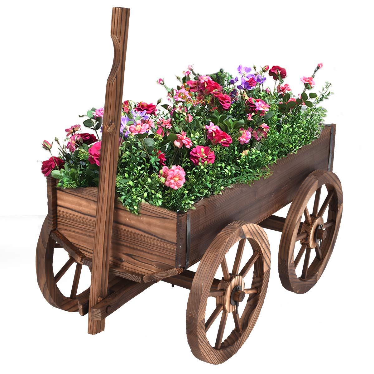 Giantex Wood Wagon Flower Planter Pot Stand W/Wheels Home Garden Outdoor Decor Giantex