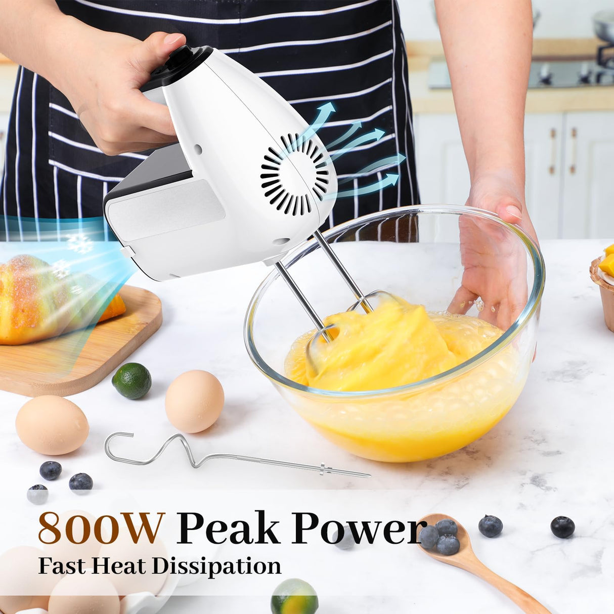 5-Speed Electric Hand Mixer, 800W Handheld Mixer with Turbo for Baking & Cooking, Kitchen Food Mixer with Storage Case & 5 Stainless Steel Attachments (2 Beaters, 2 Dough Hooks, 2 Whisks)-White CHIDOLL