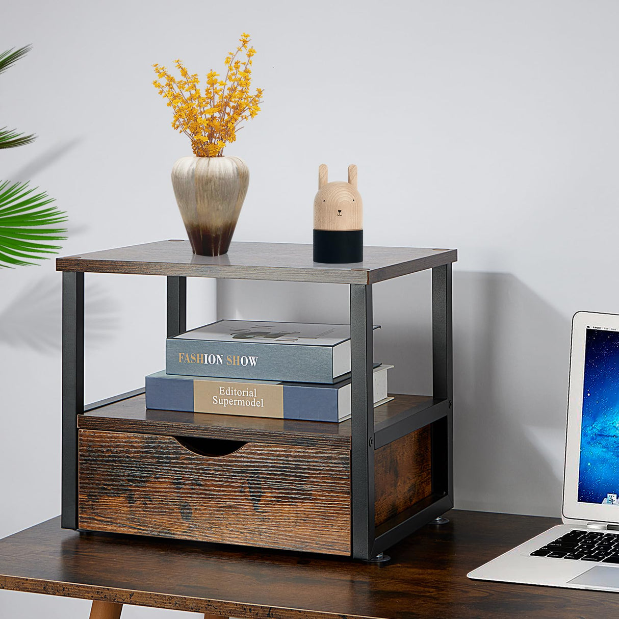 jarrvz Modern 2 Tier Printer Stand Retro Brown Printer Desk with Sliding Storage Drawer Printer Stand Rolling Cart Rack for Fax Machine, Scanner Office and Home Storage Rack, Retro Brown jarrvz