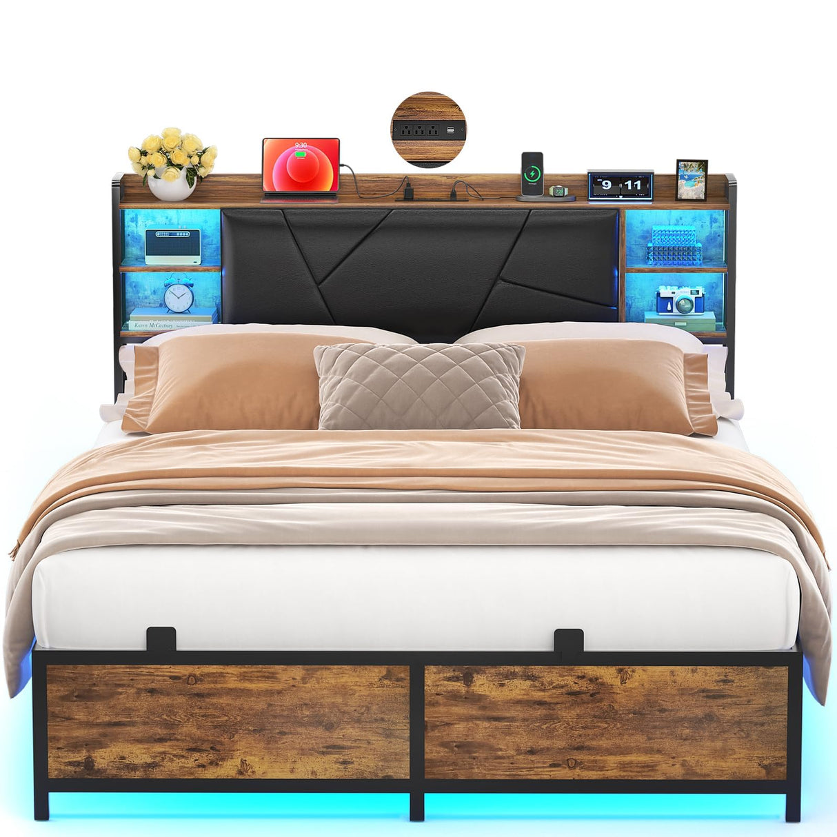Unikito Full Size Bed Frame with Charging Station and RGB LED Light, Sturdy Platform Bed with Upholstered Headboard, Strong Metal Slats, Noise Free, No Box Spring Needed, Easy Assembly, Rustic Brown Unikito