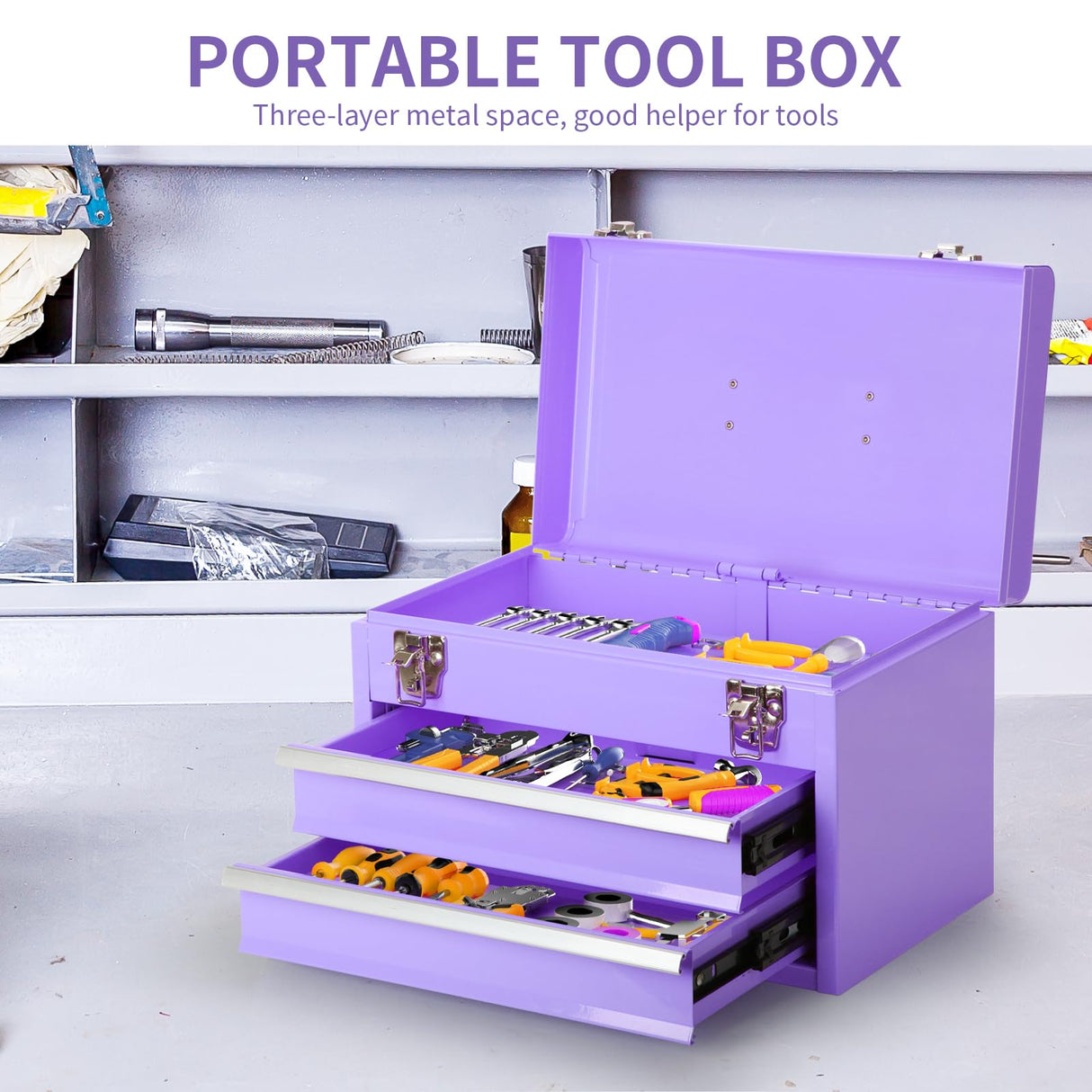 14 Inch Steel Portable Tool Box with drawers - Tool Storage Box Organizer with Metal Latch Closur - Powder Coated Toolbox Chest for Tools Storage Cabinet (PURPLE) TWUBLK