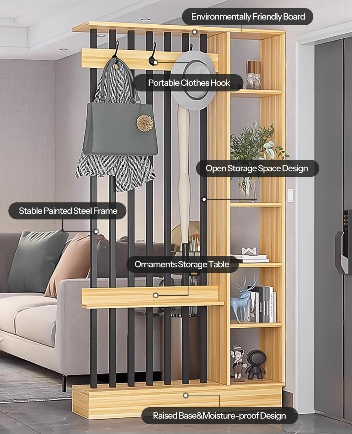 Wall Room Divider, Modern Freestanding Wood Room Divider Screen with Coat Rack Cabinet and Display Shelf for Home Office Decorative (Khaki,39.5" L x 11.8" W x 79" H) Kavie