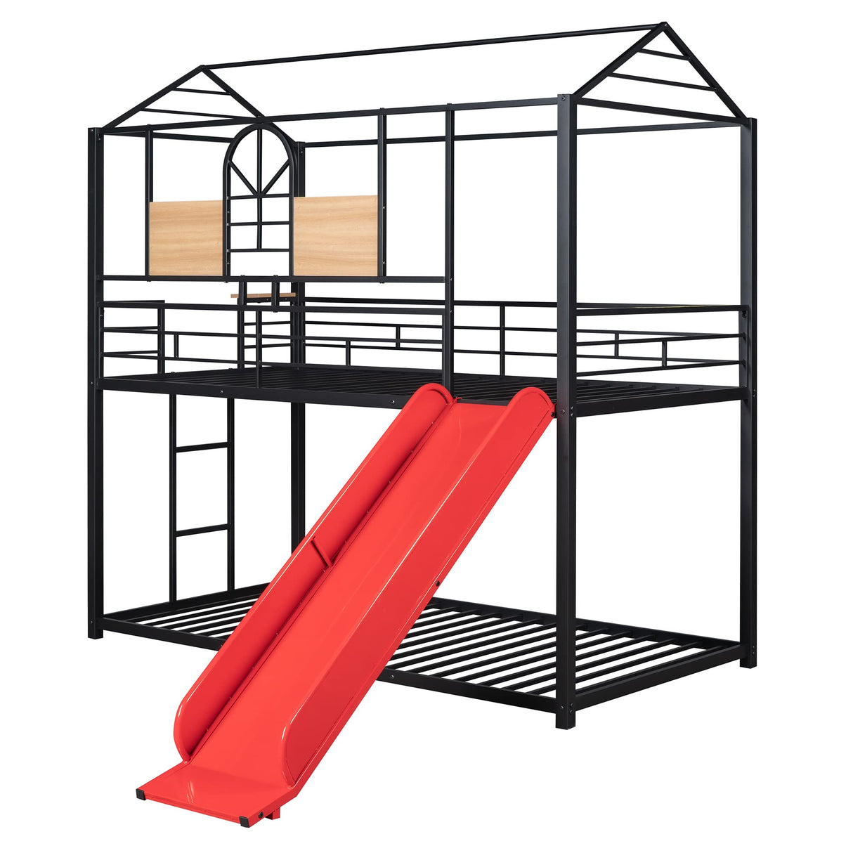 Harper & Bright Designs House Bunk Bed with Slide, Twin Over Twin Bunk Bed with Roof and Guardrails, Metal Bunk Bed Twin Over Twin, House Bed for Kids, Teens, Girls, Boys (Black & Red) Harper & Bright Designs