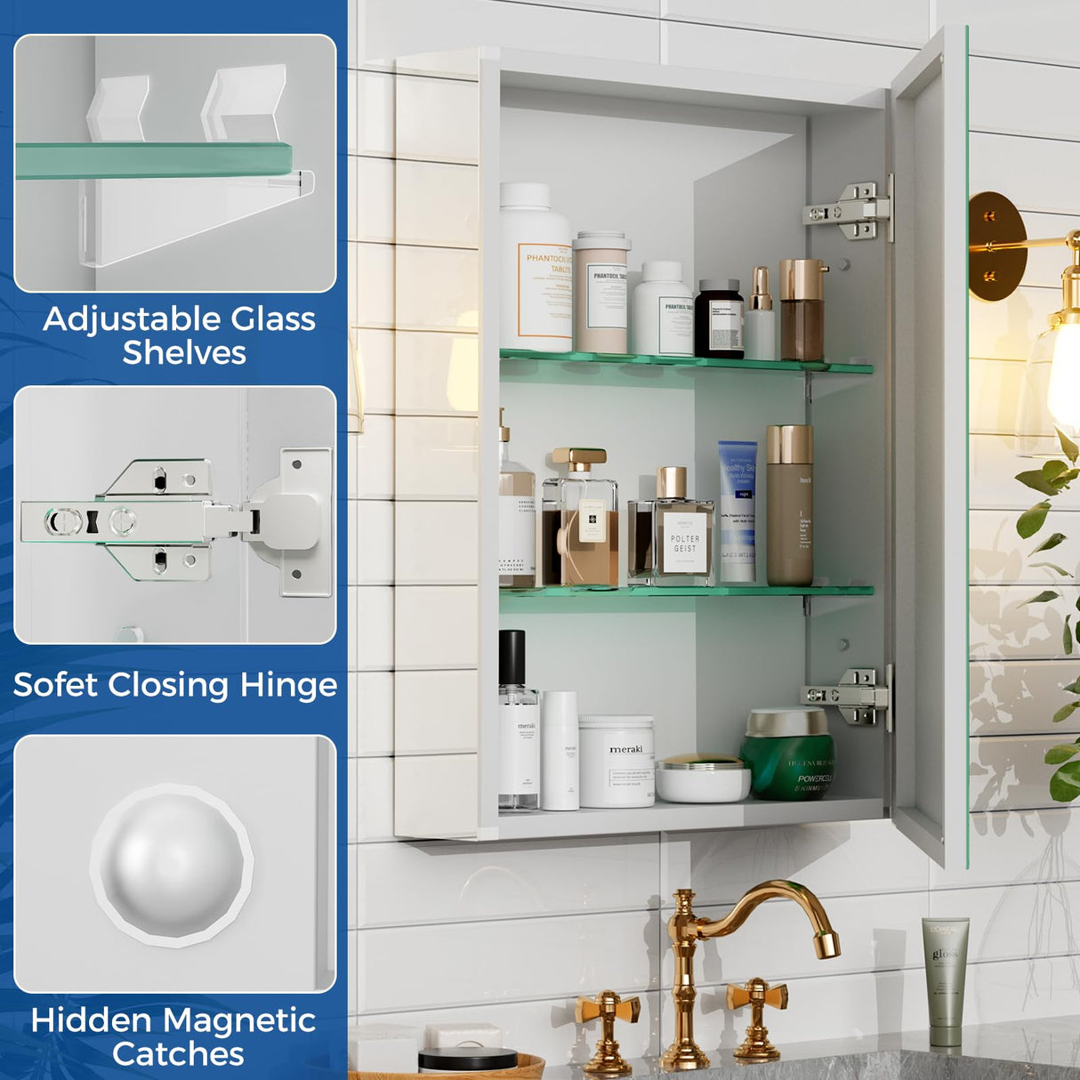 BROBIG Bathroom Medicine Cabinet with Mirror, 20x26 Recessed or Wall Mirror Medicine Cabinet with Storage Adjustable Glass Shelves, Beveled Edge Mirrored Door with Aluminum Cabinet Hinges BROBIG