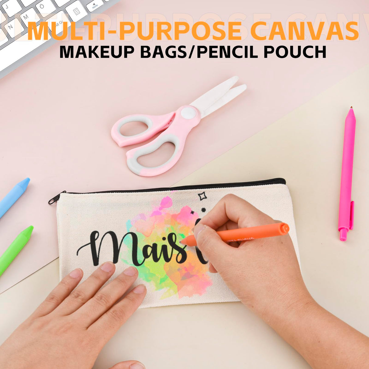pabues 14 Pieces 8 x 4.7 Inch Blank Craft DIY Canvas Pen Pencil Case- Cotton Canvas Invoice Bill Bag Makeup Bag Cosmetic Bag Multipurpose Travel Toiletry Pouch with Black Zipper pabues