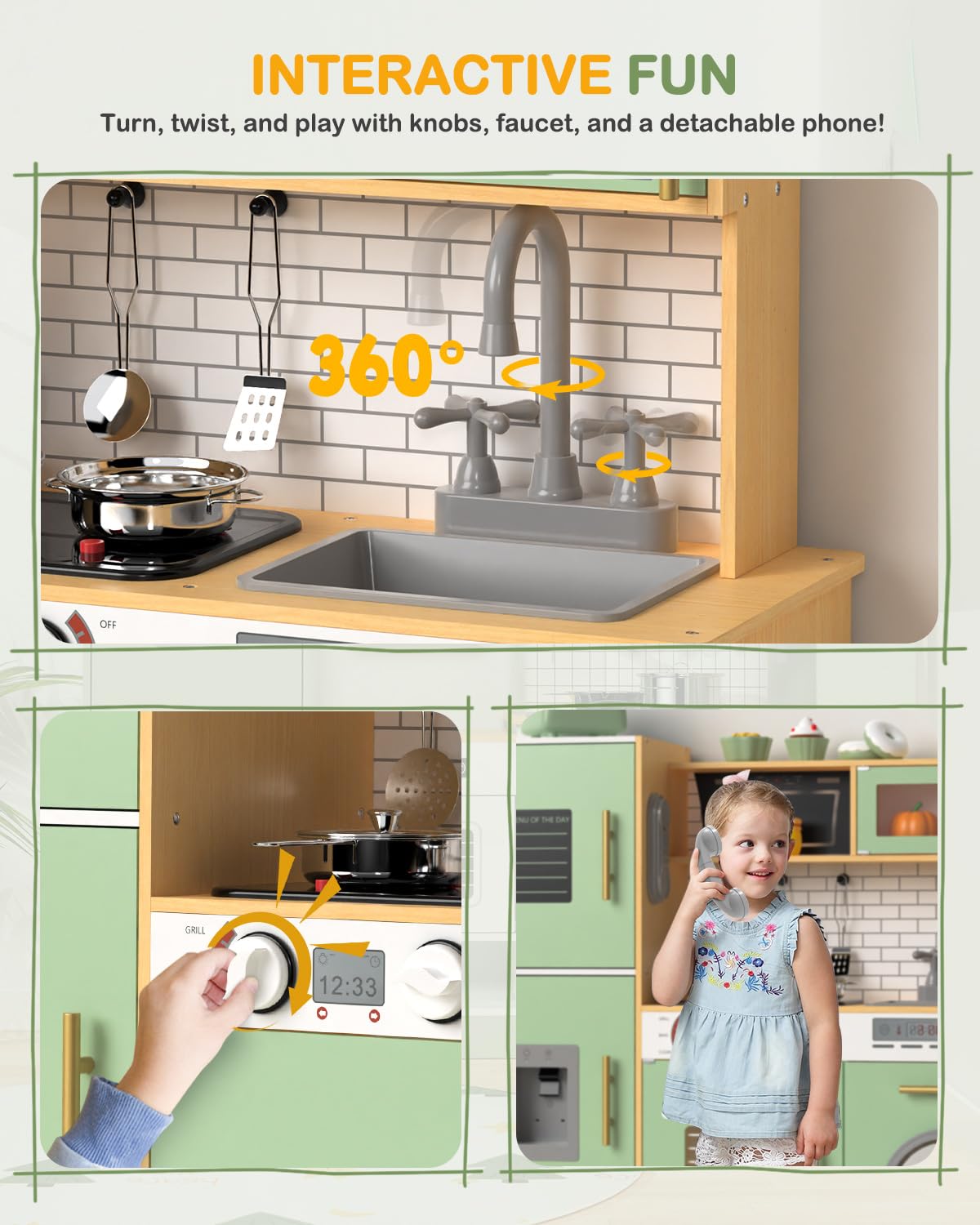 Babytronic Wooden Kitchen Playset for Kids, Interactive Play Kitchen with Lights & Sounds, Children Pretend Toy Kitchen Set with Faucet, Oven, Microwave, Kitchenware for Toddlers Ages 3+ (Green&Wood) Babytronic