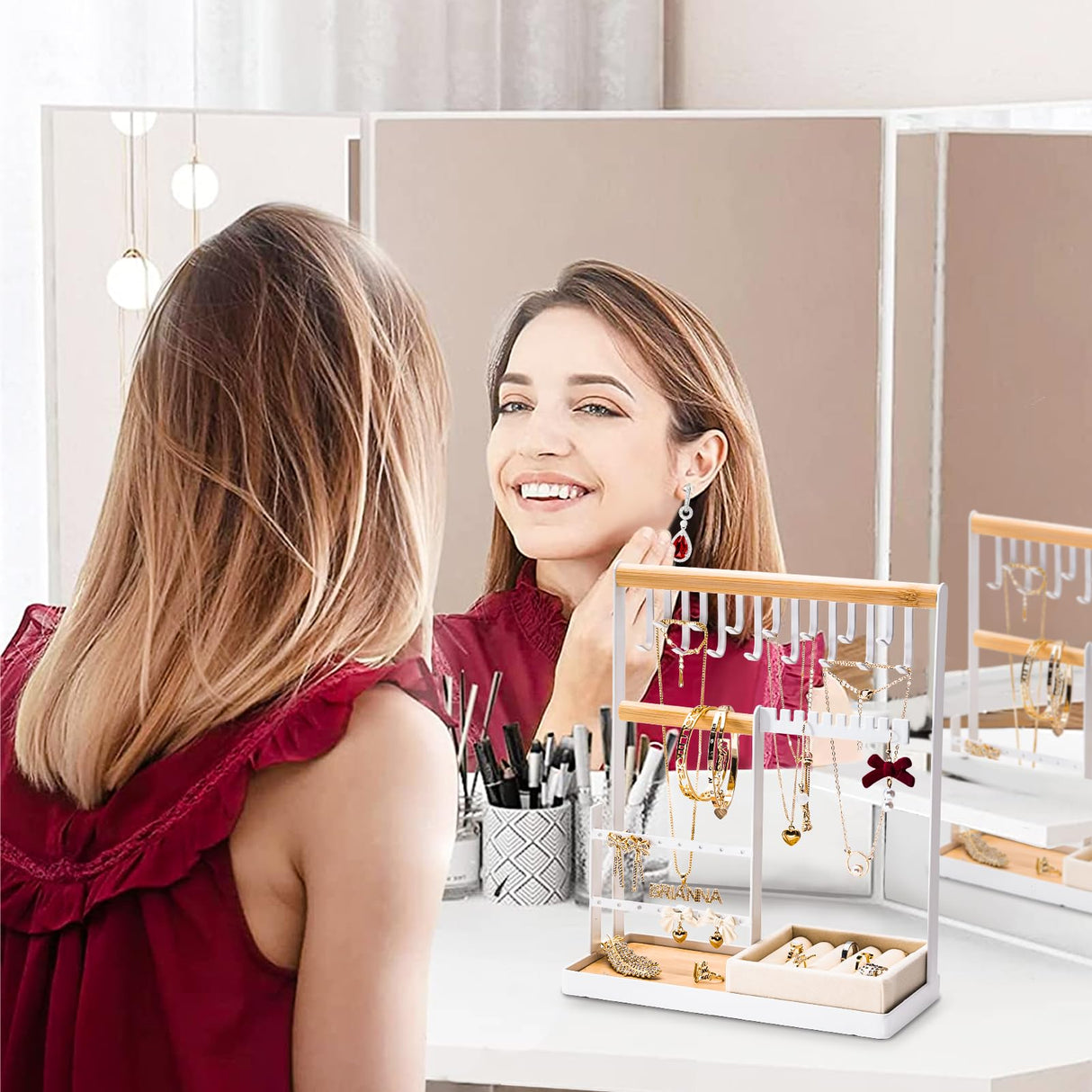 DreamGenius Jewelry Organizer Stand with Velvet Ring Holder, 4 Tier Jewelry Holder Organizer with 15 Hooks for Necklaces and 16 Holes for Earrings, White DreamGenius