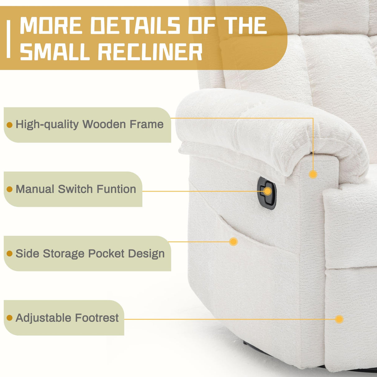 Korser Recliner Chair, Swivel Rocker Recliner Chair for Adults, Small Recliners for Small Spaces, Upholstered Manual Recliner with Side Pockets, Nursery Rocking Chair for Living Room, Chenille, Beige Korser