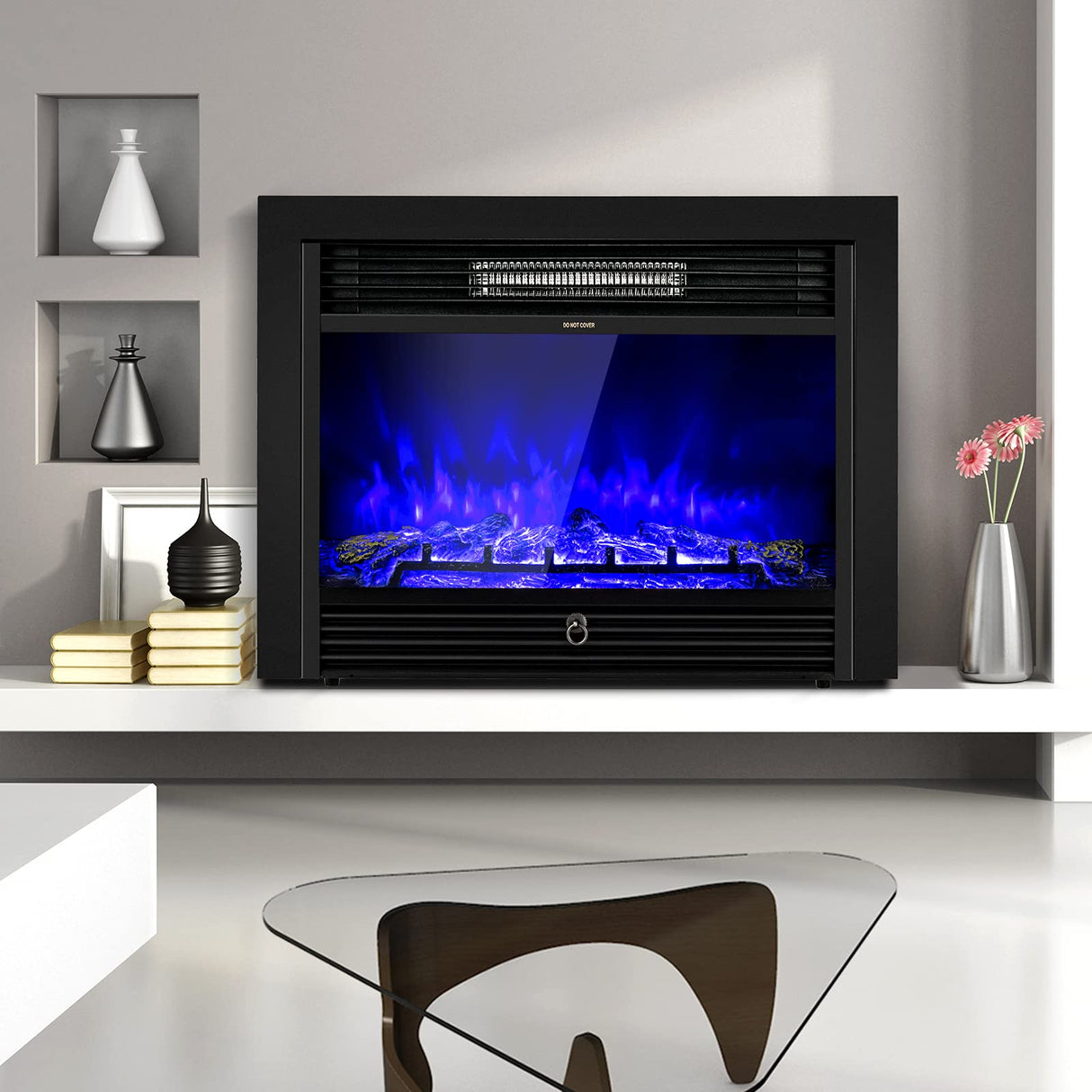 COSTWAY 28.5-Inch Electric Fireplace Inserts, 750W/1500W Wall Recessed and Freestanding Fireplace with 3 Flame Colors, 5 Brightness Settings, 8H Timer, Remote Control, Heater for Indoor Use COSTWAY