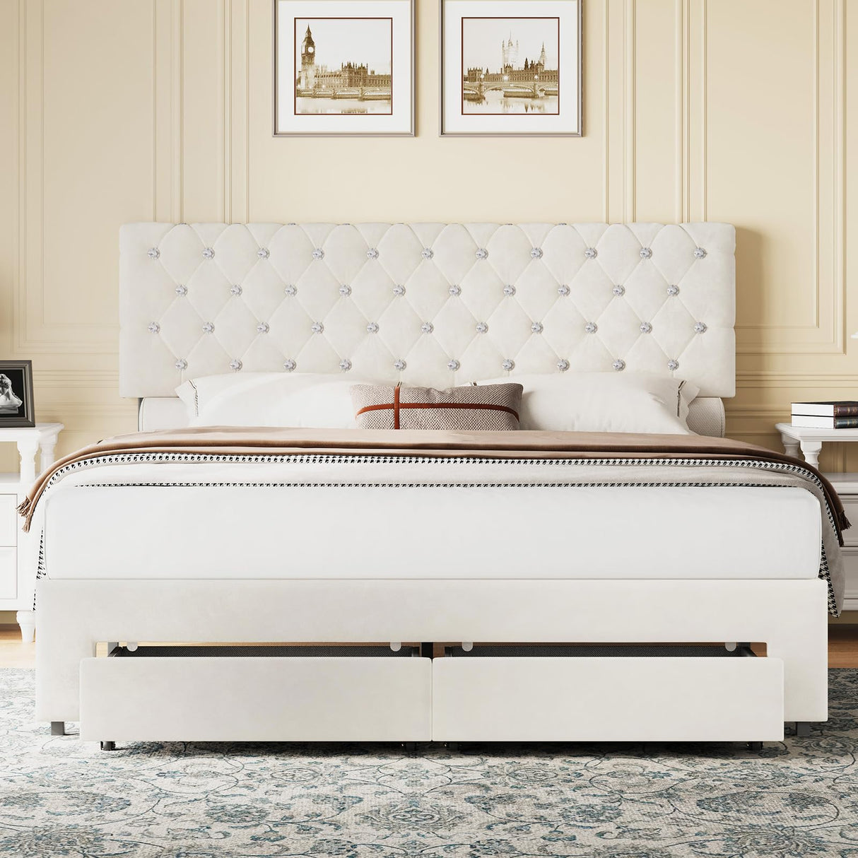 Belffin Queen Size Bed Frame with 2 Storage Drawers, Upholstered Bed Frame with Adjustable Diamond Headboard, Velvet Modern Platform Bed Frame, No Box Spring Needed, Easy to Assemble, Beige Belffin