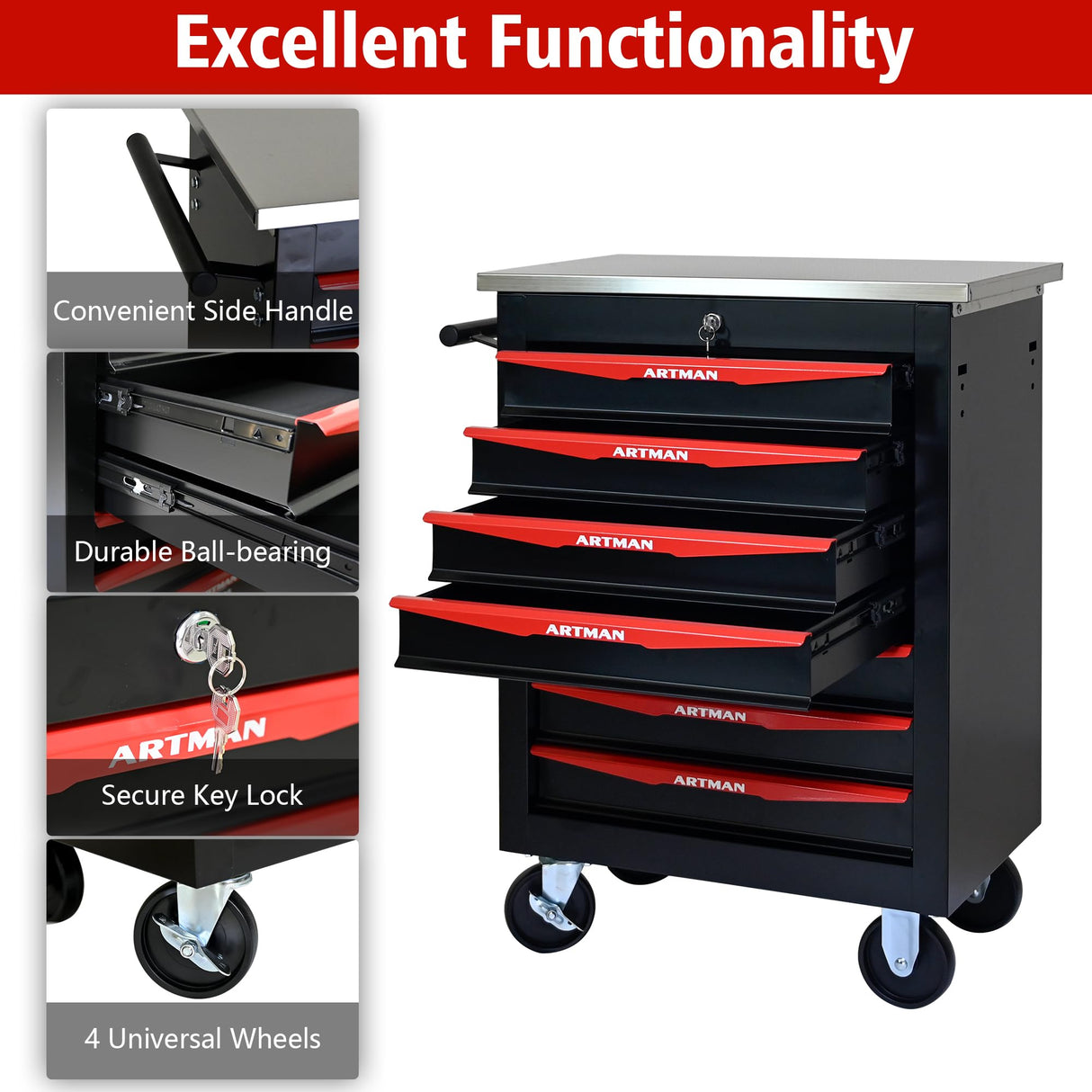 7 Drawers Rolling Tool Chest, Tool Storage Cabinet with Wheels Rolling Tool Cart with 7 Drawers, Rolling Tool Box Organizer, Metal Tool Cart for Garage Workshop Black and Red, Stainless Steel Top CHD