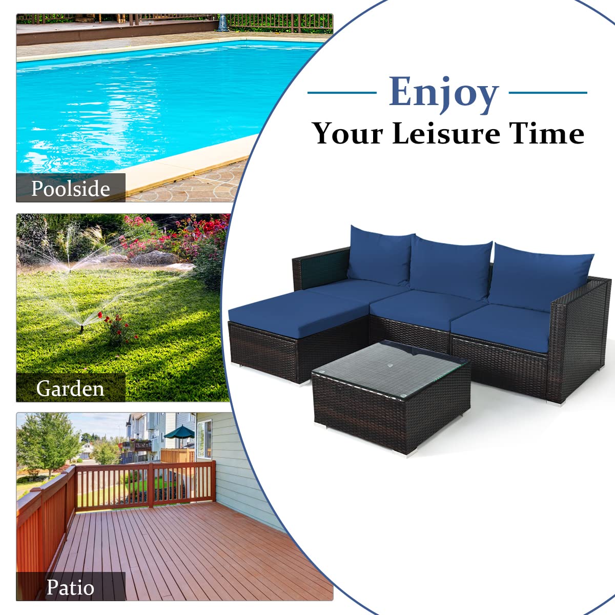 COSTWAY 5PCS Patio Rattan Furniture Set Sectional Conversation Sofa w/Coffee Table Navy COSTWAY