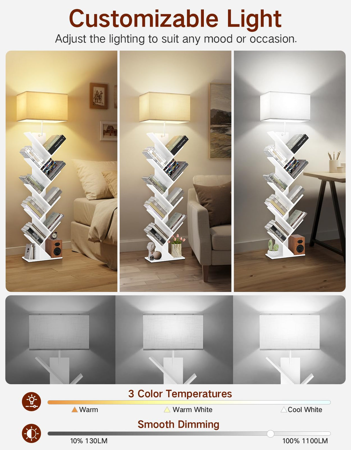 OUTONLIFE 9 Tier Tree Bookshelf with Light, Remote & Timer, Dimmable Tall Floor Standing Lamp, Narrow Wood Bookcase, Small Book Organizer Shelves for Living Room, Bedroom, Home Office (White) OUTONLIFE