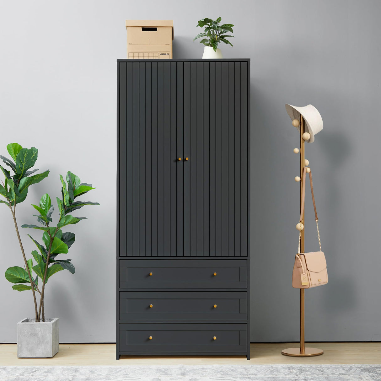 LEVNARY Wardrobe Armoire Closet, 2-Door Wardrobe Cabinet with 3-Drawer and Hanging Rod, Modern Bedroom Armoire Clothing Organizer Freestanding Closet (Black) LEVNARY