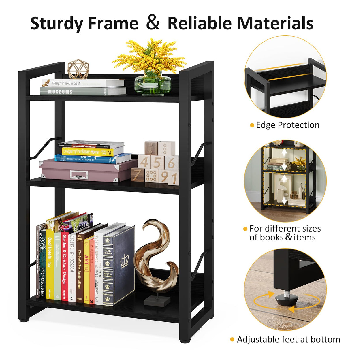 Hosfais Book Shelf Small Bookshelf - 3-Tier Wood Bookcase Industrial Bookshelf Metal Narrow Bookcase Storage Organizer Display Rack for Bedroom Living Room Home Office (Black) Hosfais