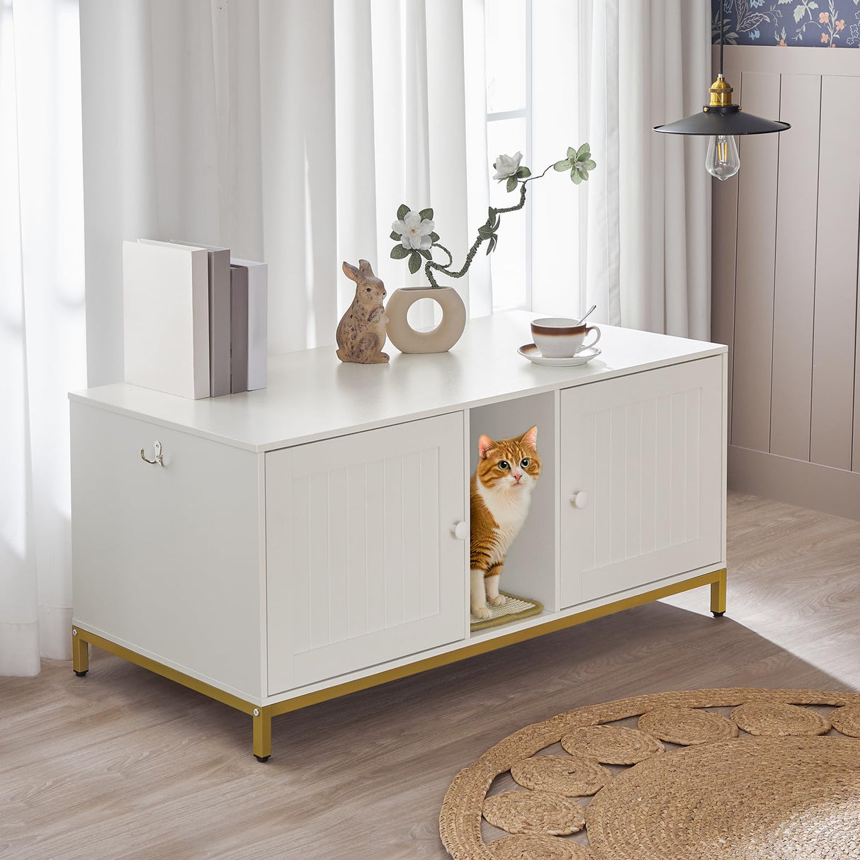 HOOBRO 44" Cat Litter Box Enclosure for 2 Cats, Double Cat Litter Box Furniture Hidden, TV Stand Litter Box Enclosure with Cat Scratching Mat, Cat House, Cat Washroom Cabinet, White, Gold DW20MW01 HOOBRO