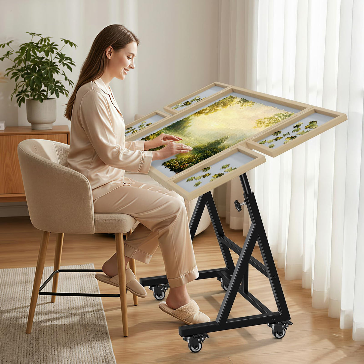 POKIPO 1500 Piece Jigsaw Puzzle Table with Legs, 36.61"x28.74" Adjustable Puzzle Table, 4 Hanging Trays, Puzzle Board with Wheels and PVC Cover for Adults and Families POKIPO
