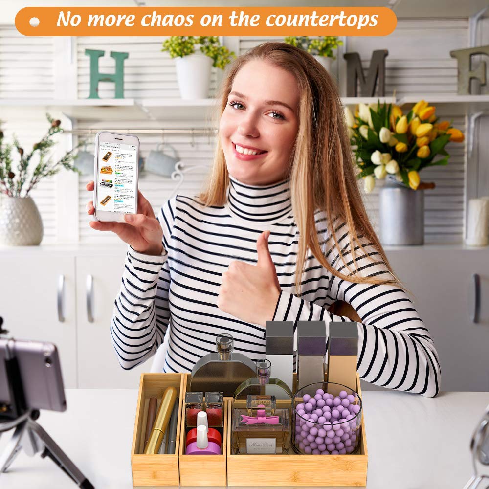 Bamboo Drawer Organizer Utensil Holder for Kitchen, Small Wood Silverware Storage Organizer, Stackable Box Tray for Cutlery, Flatware, Bathroom Caddy for Makeup, Perfume, Jewelry, 6x3x2.5 Inch Bambloom