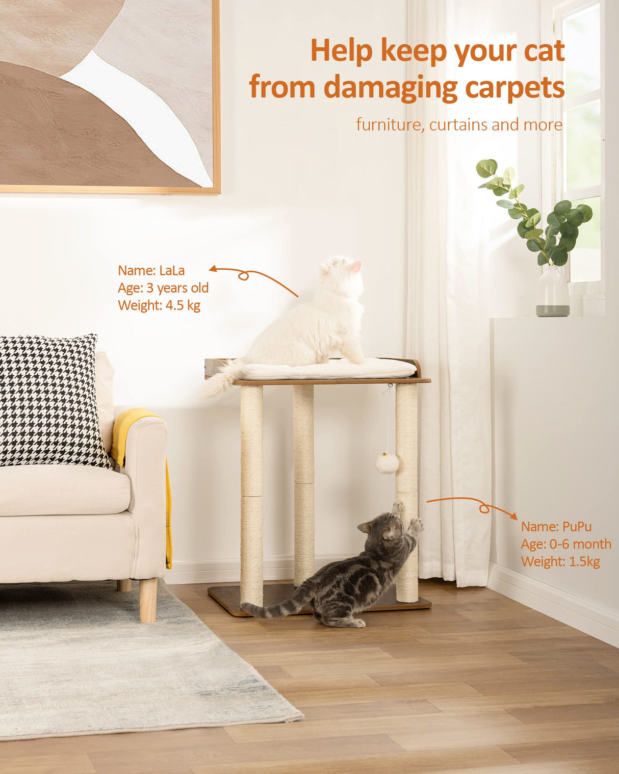 FourFurPets 26.7in Large Cat Tree Tower Condo, Cat Scratch Posts for Indoor Cats, Big Plate, Three 23.6in Full Sisal Scratching Posts, Rustic Brown FourFurPets